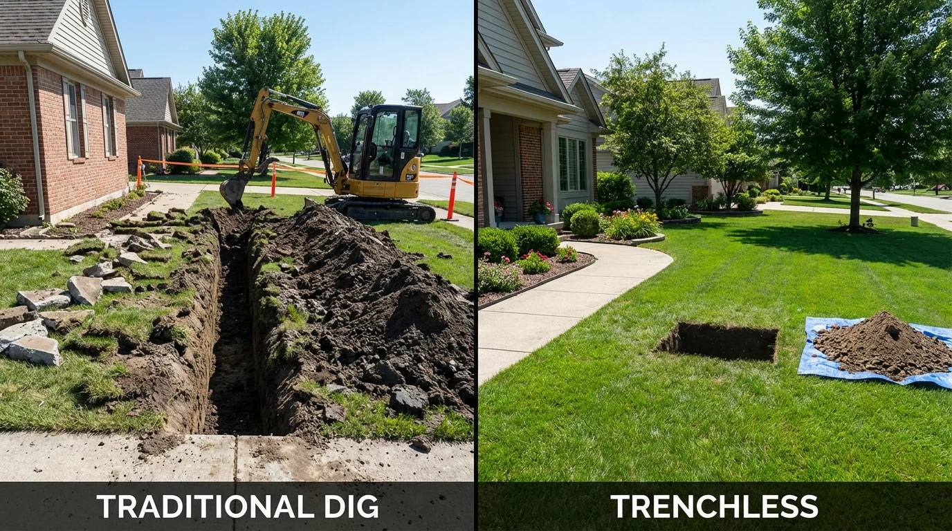 Trenchless sewer repair with minimal yard damage versus traditional excavation in Crane, MO