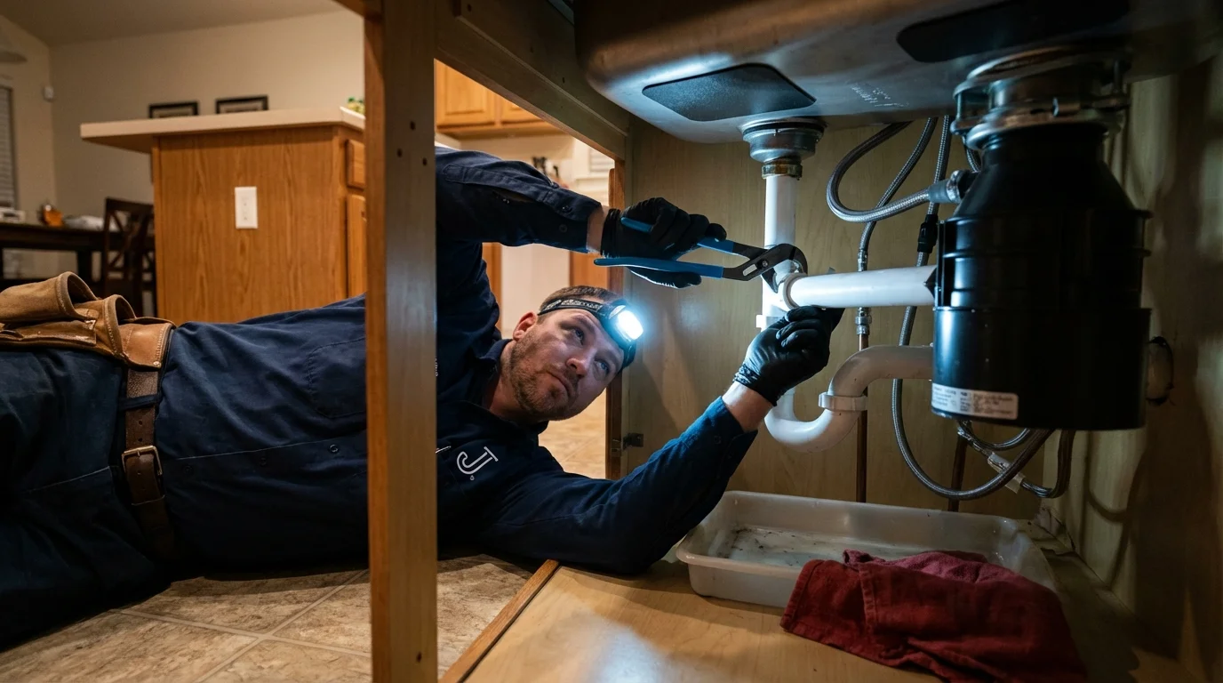P-trap and supply line connections under a kitchen sink showing a common leak point in Crane, MO